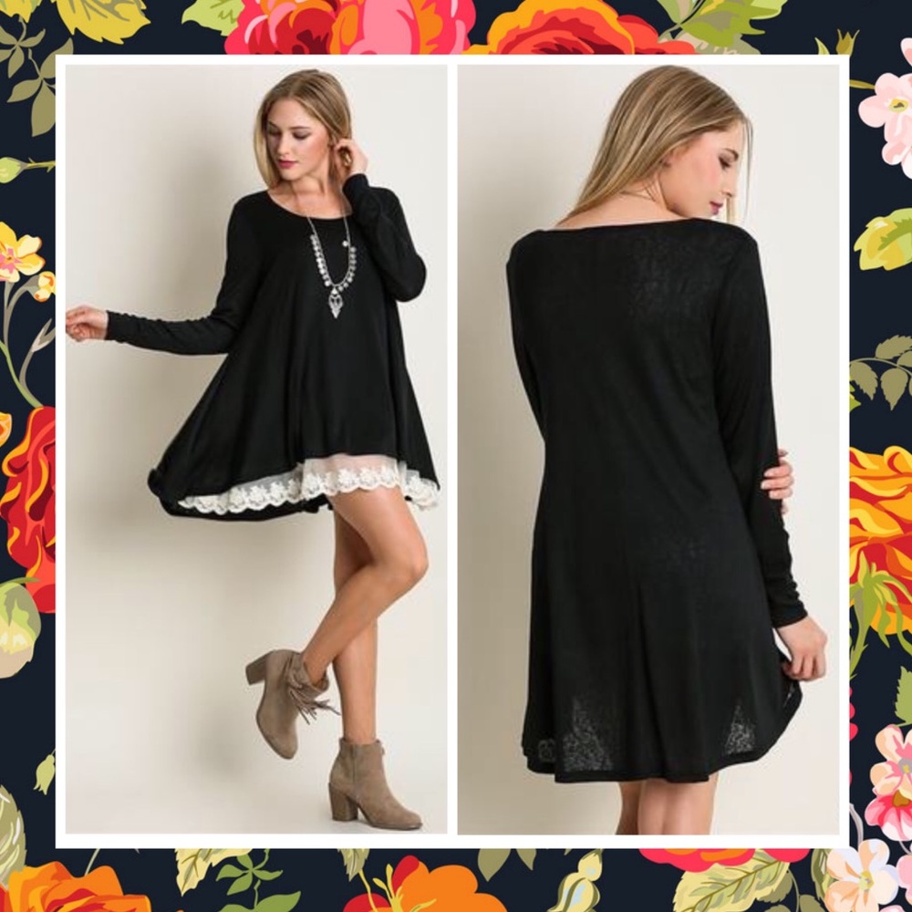 GLENDA LACE HEM BLACK TUNIC MINI DRESS LONG SLEEVE